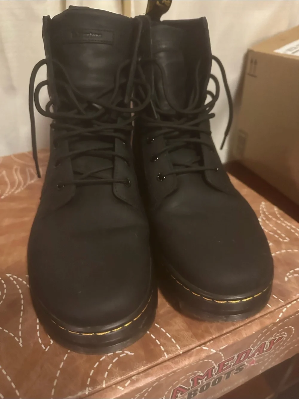 Dr. Martens Black Lace-Up Ankle Boots with Yellow Stitching
